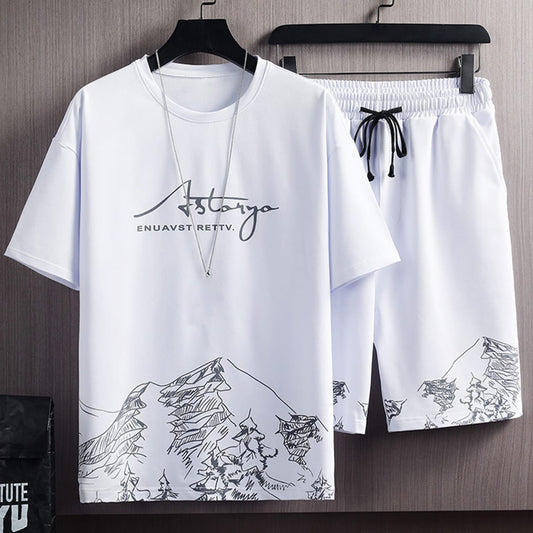 Summer Men's Mountain Digital Printed White Short Tracksuit